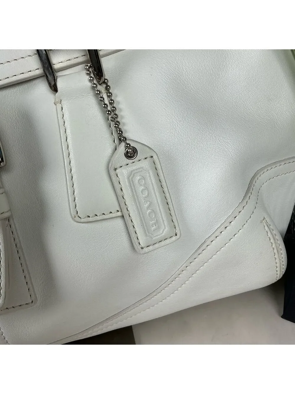 Coach Buckle Vintage Hand Shoulder Bag Soho‎ White Leather Satchel Silver Hardwa